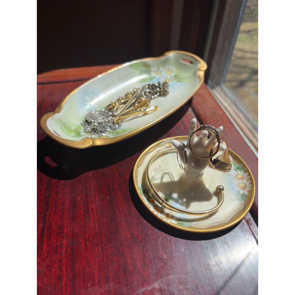 Antique Royal Austria Edwardian Daisy Jewelry Tray & Hand Ring Dish Set